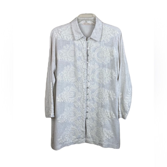 Soft Surroundings Tops - Soft Surroundings Linen Lace Overlay Button/loop Front Tunic Blouse Size XL